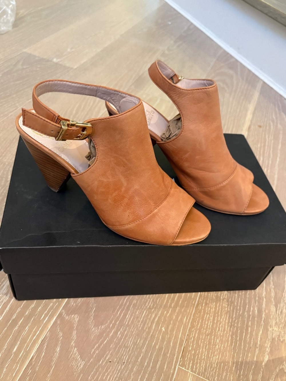 Vince Camuto Tan Leather Peep-Toe Heeled Sandals